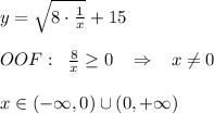 y=\sqrt{8\cdot \frac{1}{x}}+15\\\\OOF:\; \; \frac{8}{x} \geq 0\; \; \; \Rightarrow\; \; \; x\ne 0\\\\x\in (-\infty ,0)\cup (0,+\infty )