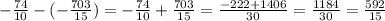 -\frac{74}{10}-(- \frac{703}{15})=-\frac{74}{10}+ \frac{703}{15}= \frac{-222+1406}{30}= \frac{1184}{30}= \frac{592}{15}