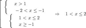 \left[\begin{array}{ccc}\begin{cases}&#10; & \text{ } x\ \textgreater \ 1 \\ &#10; & \text{ } -2\ \textless \ x \leq -1&#10;\end{cases}\\\begin{cases}&#10; & \text{ } 1\ \textless \ x \leq 2 \\ &#10; & \text{ } x \geq -1&#10;\end{cases}\end{array}\right~~~\Rightarrow~~~ 1\ \textless \ x \leq 2