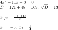 4x^2+11x-3=0\\&#10;D=121+48=169; \ \sqrt D=13\\\\&#10;x_{1/2}= \frac{-11\pm13}{8}\\\\&#10;x_1= -3;\ x_2= \frac{1}{4}