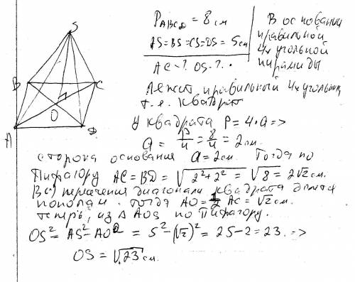 Вправильній чотирикутній піраміді ребра дорівнюють 5см,а периметр основи 8, знайдіть: діагональ осно