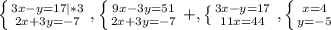 \left \{ {{3x-y=17|*3} \atop {2x+3y=-7}} \right. , \left \{ {{9x-3y=51} \atop {2x+3y=-7}} \right. +, \left \{ {{3x-y=17} \atop {11x=44}} \right. , \left \{ {{x=4} \atop {y=-5}} \right.