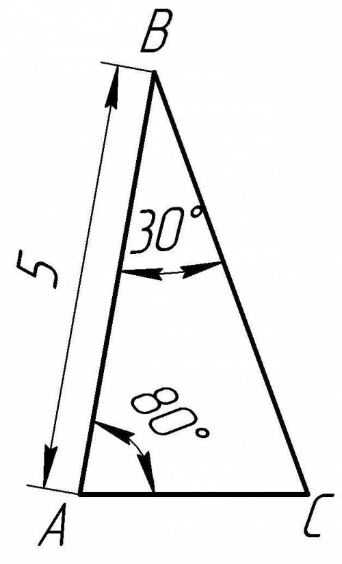 Постройте треугольник авс со стороной ав= 5 см, угол авс= 30°, угол вас=80°.