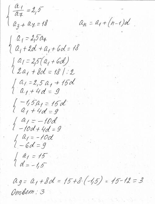 Отношение 1-го к 7-му члены арифметической прогрессии равна 2,5. а сумма 3-го и 7-го членов этой про