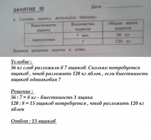 Составь используя таблицу: вместимость ящика: одинаковая. количество ящиков: 1. 7 шт. 2. ? ? общая м