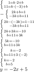 \left \{ {{1=k\cdot2+b} \atop {11=k\cdot(-3)+b}} \right. \\ -\left \{ {{2k+b=1} \atop {-3k+b=11}} \right. \\ \left \{ {{2k-(-3k)=1-11} \atop {-3k+b=11}} \right. \\ \left \{ {{2k+3k=-10} \atop {b=11+3k}} \right. \\ \left \{ {{5k=-10} \atop {b=11+3k}} \right. \\ \left \{ {{k=-2} \atop {b=11+3\cdot(-2)}} \right. \\ \left \{ {{k=-2} \atop {b=5} \right. \\ &#10;y=-2x+5