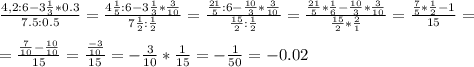 \frac{4,2:6-3\frac13*0.3}{7.5:0.5} =\frac{4\frac15:6-3\frac13*\frac3{10}}{7\frac12:\frac12} =\frac{\frac{21}5:6-\frac{10}3*\frac3{10}}{\frac{15}2:\frac12} =\frac{\frac{21}5*\frac16-\frac{10}3*\frac3{10}}{\frac{15}2*\frac21} = \frac{\frac75*\frac12-1}{15} =\\ \\= \frac{\frac7{10}-\frac{10}{10}}{15}=\frac{\frac{-3}{10}}{15}=-\frac{3}{10} *\frac1{15}=-\frac1{50}=-0.02\\&#10;