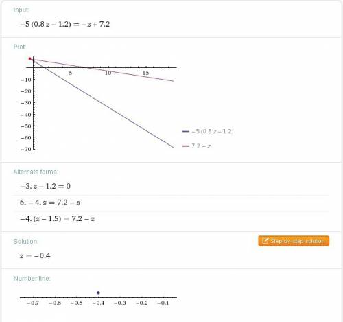 Как решить уравнение -5×(0.8z-1.2)=-z+7.2