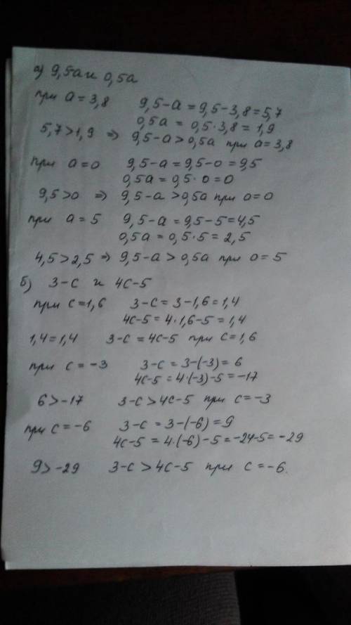 Сравните значения выражений: a) 9,5-a и 0,5a при a= 3,8; 0; 5; б) 3-c и 4c-5 при c=1,6; -3; -6.