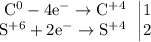 \begin{array}{r} \mathrm{C^{0}-4e^{-}\rightarrow C^{+4}} \\ \mathrm{S^{+6}+2e^{-}\rightarrow S^{+4}} \end{array} \left|\begin{matrix} 1 \\ 2 \end{matrix}\right.