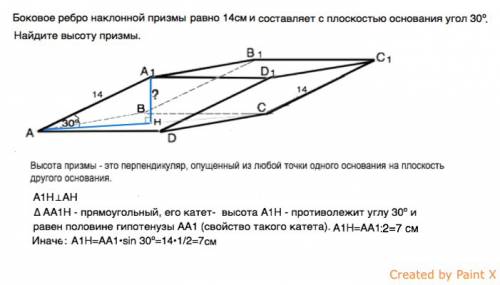 Боковое ребро наклонной призмы составляет с плоскостью основания угол 30° . боковое ребро призмы рав