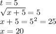 t = 5 \\ \sqrt{x + 5} = 5 \\ x + 5 = {5 }^{2} = 25 \\ x = 20