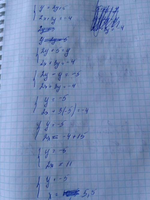 Решить систему уравнений методом подстановки y=2y+5 2x+3y=-4