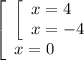 \left[\begin{array}{l} \left[\begin{array}{l} x=4 \\ x=-4 \end{array} \\ x=0 \end{array}