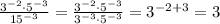 \frac{3^{-2}\cdot 5^{-3}}{15^{-3}} = \frac{3^{-2}\cdot 5^{-3}}{3^{-3}\cdot 5^{-3}} =3^{-2+3}=3