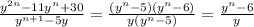 \frac{y^{2n}-11y^n+30}{y^{n+1}-5y}=\frac{(y^{n}-5)(y^{n}-6)}{y(y^n-5)}=\frac{y^{n}-6}{y}