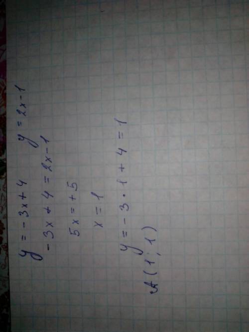 Определи координаты точки пересечения заданных прямых: y=−3x+4 и y=2x−1