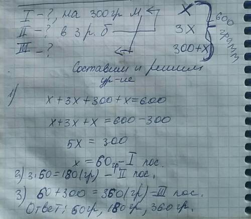 По почте отправили 3 посылки весом 600 грамм.первая на 300 грамм меньше третьей и в 3 раза меньше вт