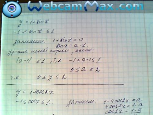 Найдите область значений функции: y=1+sinx y=1-4cos2x