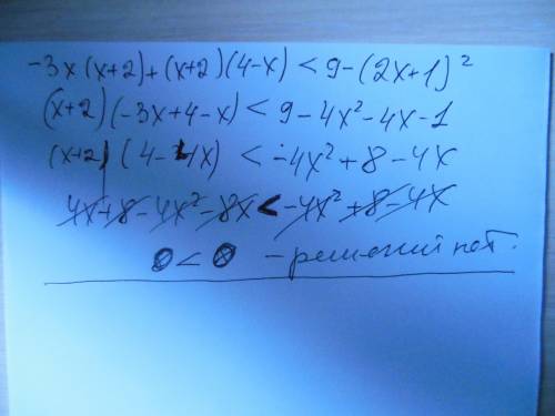 3x(x+2)+(x+2)(4-x)< 9-(2x+1)^2 неравенство у меня не получается решить надеюсь на вас)