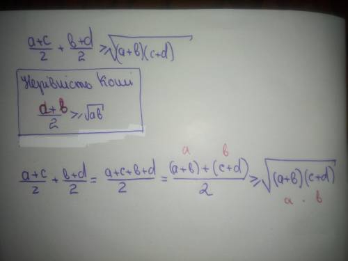 Докажите, что если a, b, c, d - положительные числа, то [tex]\frac{a+c}{2} +\frac{b+d}{2}\geq \sqrt{