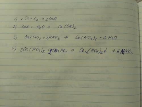 Осуществите цепочку превращения: ca--cao--ca(oh)2--ca(no3)2--ca3(po4)2