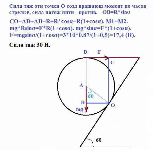 Шар массой 3 кг находится на наклонной плоскости, образующей с горизонтом угол 60°. равновесие шара