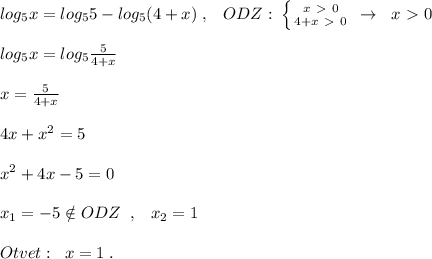 log_5x=log_55-log_5(4+x)\; ,\; \; \; ODZ:\; \left \{ {{x\ \textgreater \ 0} \atop {4+x\ \textgreater \ 0}} \right. \; \to \; \; x\ \textgreater \ 0\\\\log_5x=log_5\frac{5}{4+x}\\\\x=\frac{5}{4+x}\\\\4x+x^2=5\\\\x^2+4x-5=0\\\\x_1=-5\notin ODZ\; \; ,\; \; \; x_2=1\\\\Otvet:\; \; x=1\; .