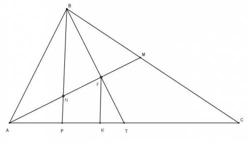 Втреугольнике авс на основании ас взяты точки п и т так что ап меньше ат прямые бп и бт делят медиан