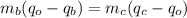 m_b(q_o-q_b)=m_c(q_c-q_o)