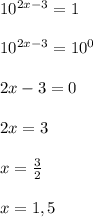 10^{2x-3}=1\\\\10^{2x-3}=10^0\\\\2x-3=0\\\\2x=3\\\\x=\frac{3}{2}\\\\x=1,5