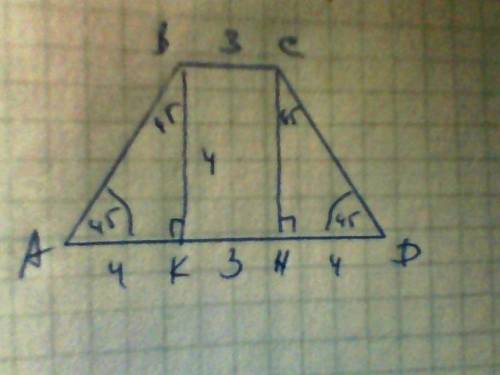 Вравно бедренной трапеции известны высота 4 меньшее основание 3 и угол при основании 45 . найдите бо