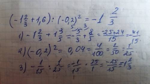 Найдите значения выражения (-1 целая 2/3+1.6): (-0.2) в квадрате