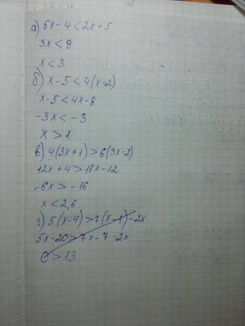 Решите неравенство: а)5x-4< 2x+5 б)x-5< 4(x-2) в)4(3x+1)> 6(3x-2) г)5(x-4)> 7(x-1)-2x