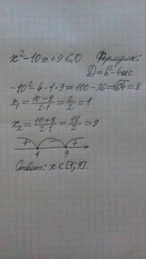 Х²-10х+9≤0 решите квадратное неравенство. много обязателен ответ с фото на листочке выложенный сюда