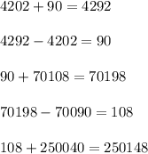 4202+90=4292 \\ \\ 4292-4202=90 \\ \\90+70108=70198 \\ \\ 70198-70090=108 \\ \\108+250040=250148