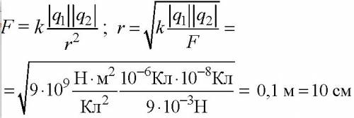 На каком расстояние друг от друга заряды 1мккл и 10 нкл взаимодействуют с силой 9 мн?