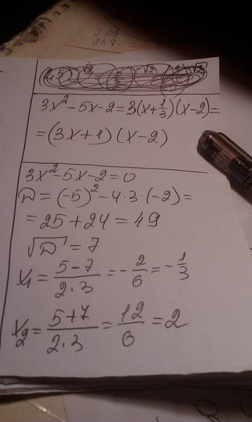 Разложить квадратный трехчлен на множители 3x^2-5x-2 с полным решением