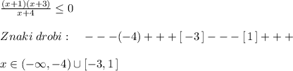 \frac{(x+1)(x+3)}{x+4} \leq 0\\\\Znaki\; drobi:\; \; \; \; ---(-4)+++[\, -3\, ]---[\, 1\, ]+++\\\\x\in (-\infty ,-4)\cup [-3,1\, ]