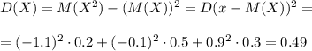 D(X)=M(X^2)-(M(X))^2=D(x-M(X))^2=\\ \\ =(-1.1)^2\cdot0.2+(-0.1)^2\cdot0.5+0.9^2\cdot0.3=0.49