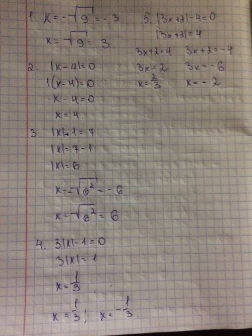 Решите уравнения |x|=3. |x-4|=0. |x|+1=7. 3|x|-1=0. |3x+2|-4=0