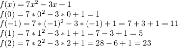 f(x)=7x^2-3x+1 \\ f(0)=7*0^2-3*0+1=1 \\ f(-1)=7*(-1)^2-3*(-1)+1=7+3+1=11 \\ f(1)=7*1^2-3*1+1=7-3+1=5 \\ f(2)=7*2^2-3*2+1=28-6+1=23