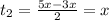 t_2= \frac{5x-3x}{2} =x