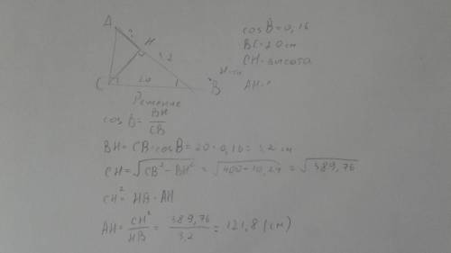Втреугольнике авс угол асв=90 градусов,соsв=0,16,вс=20,отрезок сн-высота треугольникаавс.найти длину