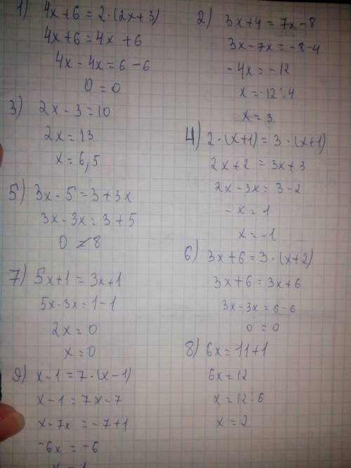 Решить уравнения : 1) 4x+6=2(2x+3) 2)3x+4=7x-8 3) 2x-3=10 4) 2(x+1)=3(x+1) 5) 3x-5=3+3x 6) 3x+6=3(x+