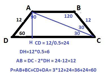 Дано: abcd - трапеция. диагональ - ас угол вас = углу сad ad=12 угол adc= 60 градусов найти: перимет