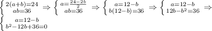 \left \{ {{2(a+b)=24} \atop {ab=36}} \right. \Rightarrow \left \{ {{a= \frac{24-2b}{2} } \atop {ab=36}} \right. \Rightarrow \left \{ {{a=12-b} \atop {b(12-b)=36}} \right. \Rightarrow \left \{ {{a=12-b} \atop {12b-b^2=36}} \right. \Rightarrow \\ \left \{ {{a=12-b} \atop {b^2-12b+36=0}} \right.