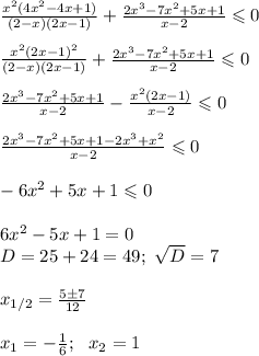 \frac{x^2(4x^2-4x+1)}{(2-x)(2x-1)}+ \frac{2x^3-7x^2+5x+1}{x-2}\leqslant0\\\\&#10; \frac{x^2(2x-1)^2}{(2-x)(2x-1)}+ \frac{2x^3-7x^2+5x+1}{x-2}\leqslant0\\\\&#10; \frac{2x^3-7x^2+5x+1}{x-2}- \frac{x^2(2x-1)}{x-2}\leqslant0\\\\&#10; \frac{2x^3-7x^2+5x+1-2x^3+x^2}{x-2}\leqslant0\\\\&#10;-6x^2+5x+1\leqslant0\\\\&#10;6x^2-5x+1=0\\&#10;D=25+24=49; \ \sqrt D=7\\\\&#10;x_{1/2}= \frac{5\pm7}{12}\\\\&#10;x_1=- \frac{1}{6};\ \ x_2=1