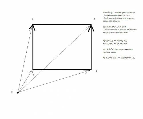 Дан прямоугольник abcd.x -произвольная точка на плоскости.докажите что сумма векторов xa+xc=xb+xd