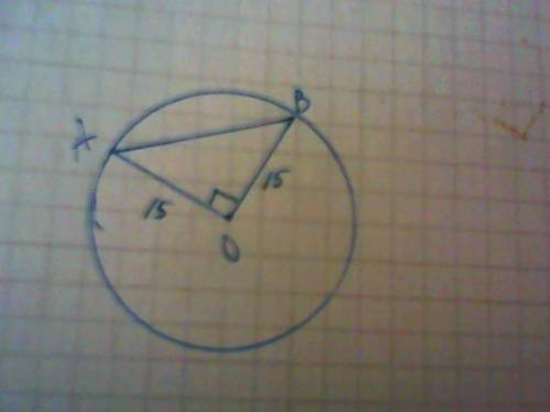 Радиус окружности с центром в точке о равен 15.найти хорду ав,если угол аов=90° решительно